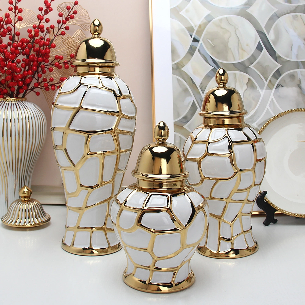 J198 Hot Sale New Design Floor Ceramic Flower Vase Gold and White Ginger Jar with Lid