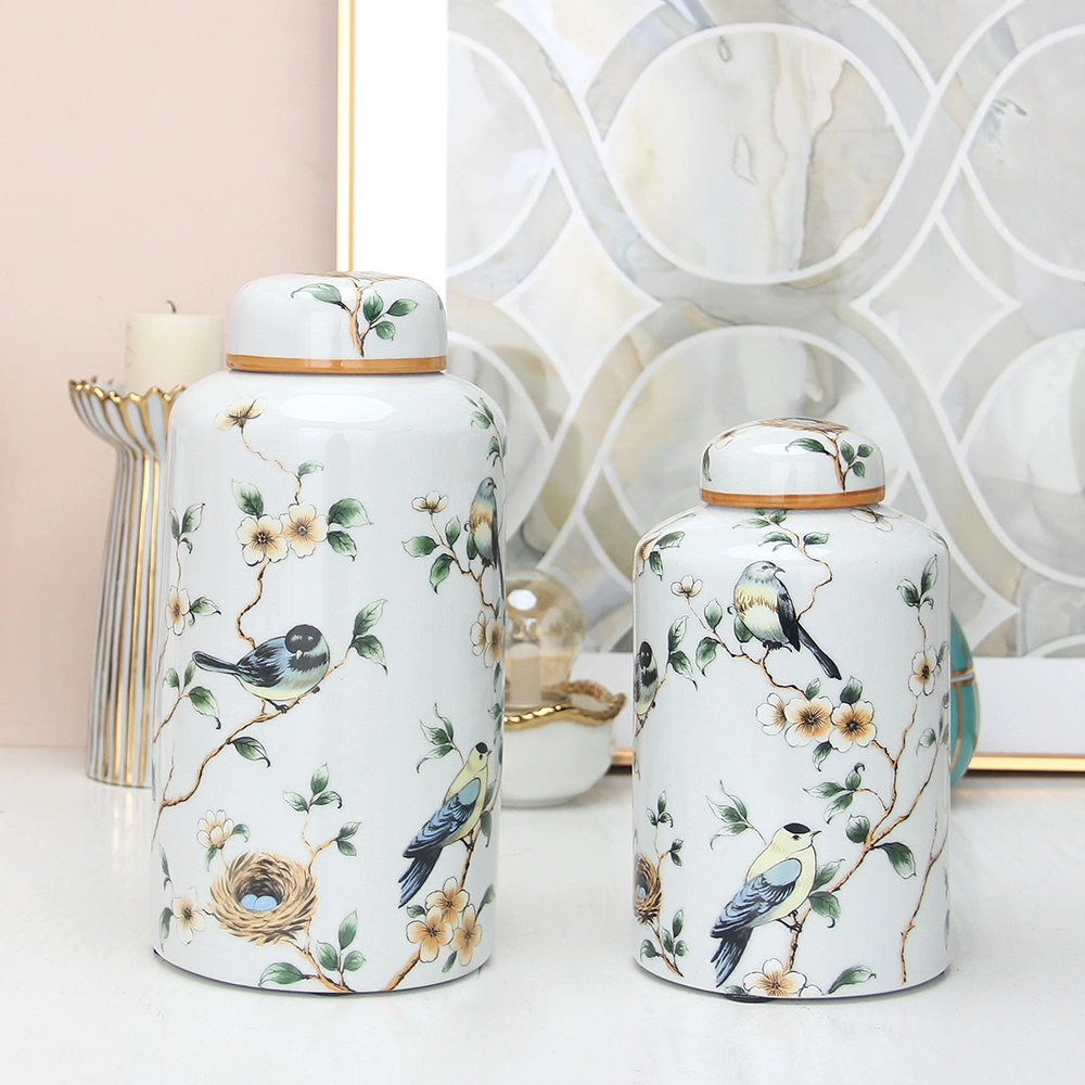 J041 Wholesale White Flower Bird Pattern Porcelain Tea Coffee Pot Sets Farmhouse Decoration Ceramic Storage Container