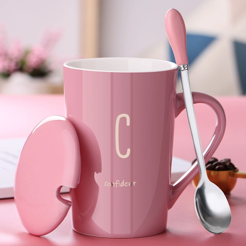 Hot Selling Alphabet Ceramic Mug Set with Lid Spoon Drinking Cup Couples Household Tea Cup