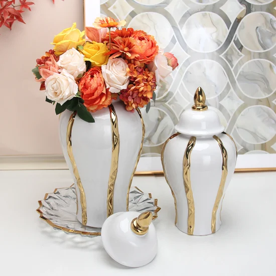 J200 Luxury Indoor Ornament Ceramic Vase Wholesale Home Decor Gold and White Ginger Jar with Lid