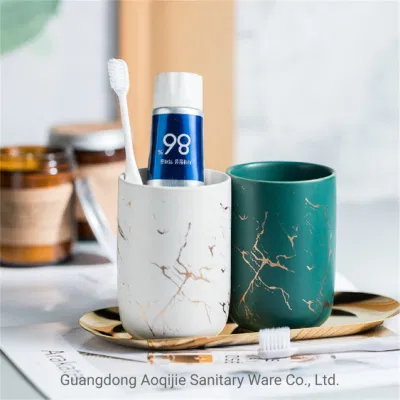 Hotel Ceramic Mouthwash Homestay Brushing Cup Tooth Cylinder Marble Green Black and White Couple Cup with Holder Ceramic Mug Bathroom Accessories Ceramic