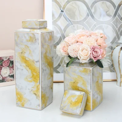 J116 Nordic Porcelain Restaurant Decor Jar Customized Home Decor Ceramic Yellow Marble Flower Vase Jar Container for Hotel