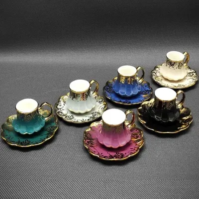 High Quality Custom Ceramic Cup Saucer Set Colored Glaze Luxury Gold Design Porcelain Coffee Tea Cup Set for Daily